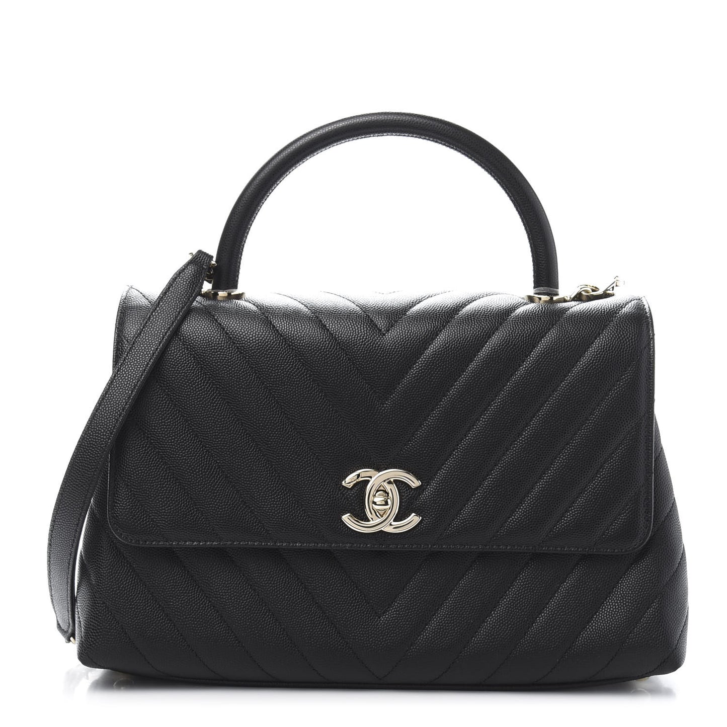 Caviar Chevron Quilted Small Coco Handle Flap Black