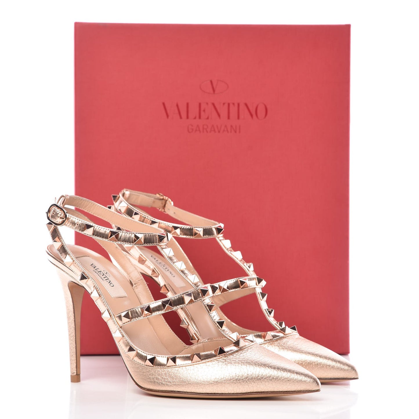 Metallic Pebbled Calfskin Rockstud Ankle Strap 100mm Pumps 39.5 Rame
