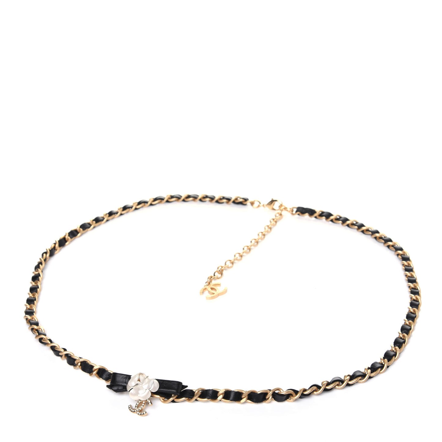 Calfskin Crystal Chain Camellia Belt 90 Black Gold