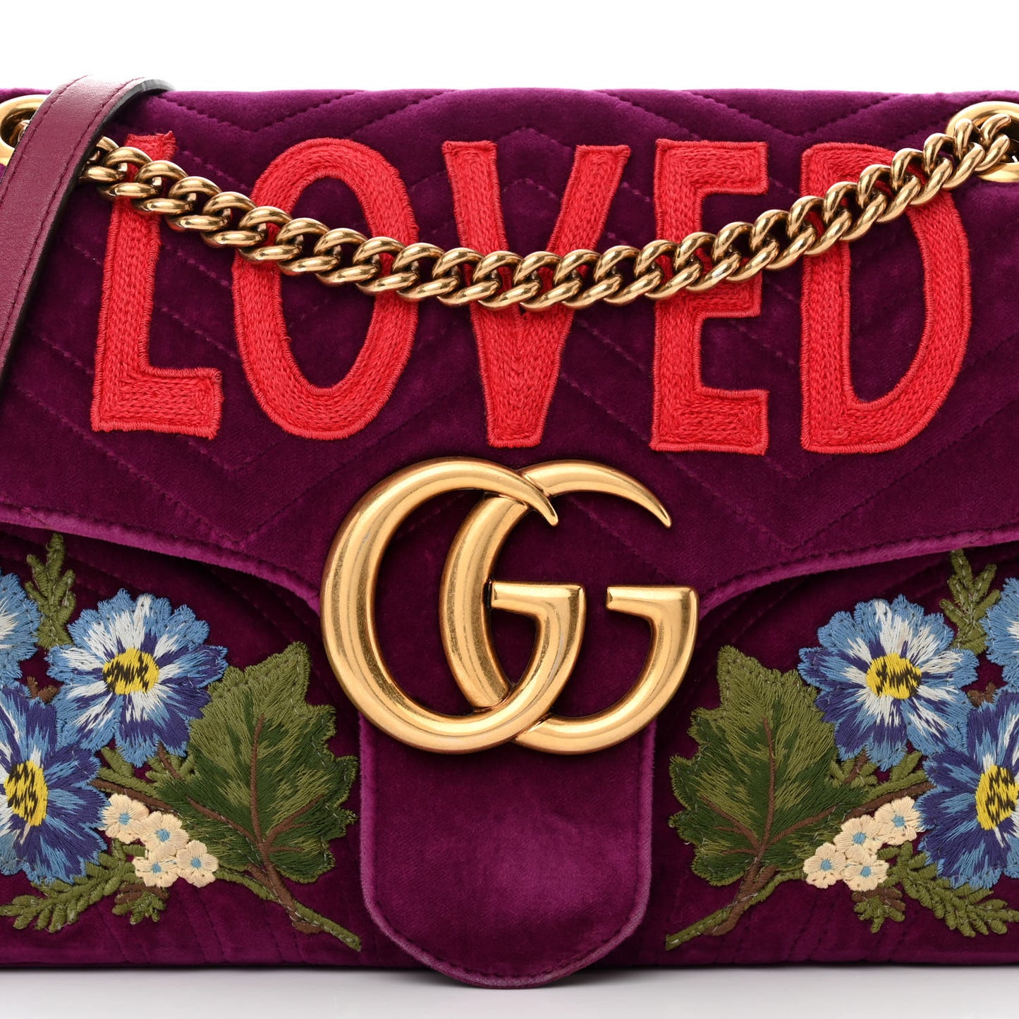 Velvet Matelasse Loved Embroidered Medium GG Marmont Shoulder Bag Fuchsia Violet Cyclamen