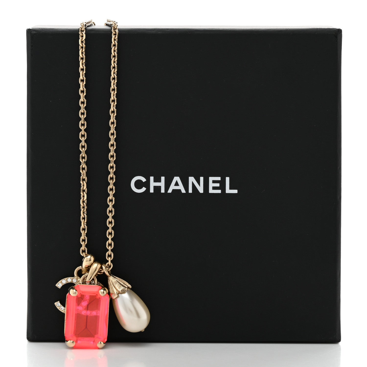 Chanel Metal Crystal Pearl CC Necklace Gold Pink 6 of 6