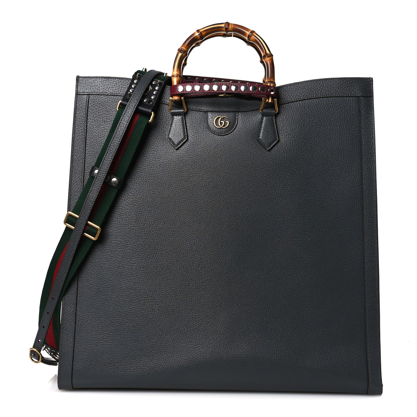 Textured Dollar Calfskin Web Studded Maxi Diana Tote Bag Graphite Grey