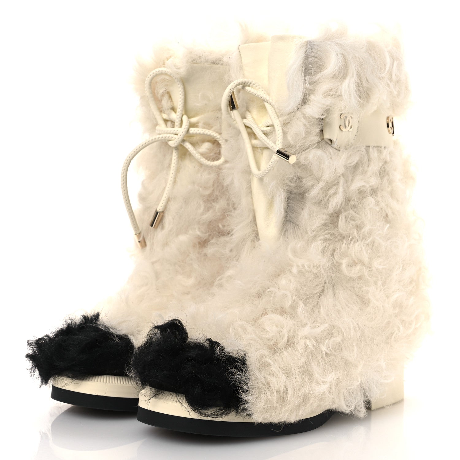 Chanel Shearling Sheepskin High Boots 38 Ivory Black 4 of 11