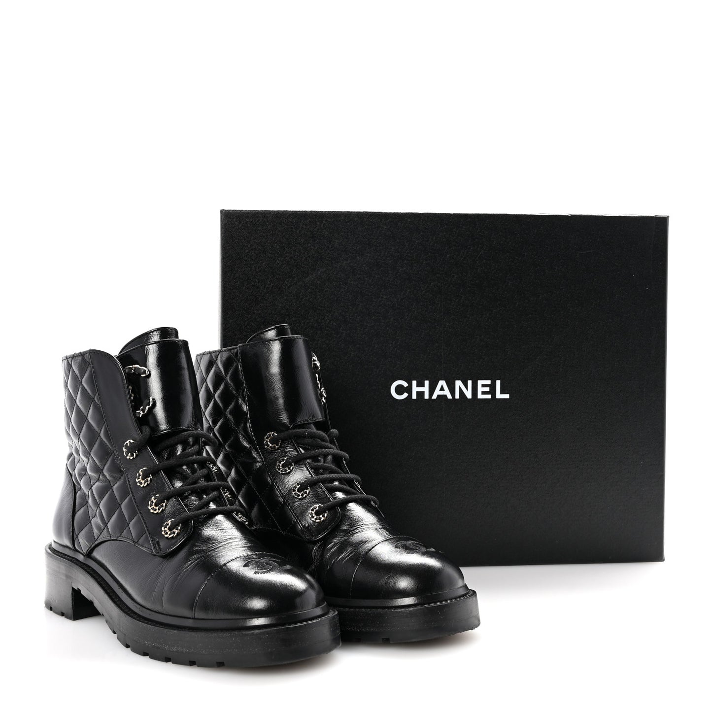 Shiny Calfskin Quilted Lace Up Combat Boots 40 Black