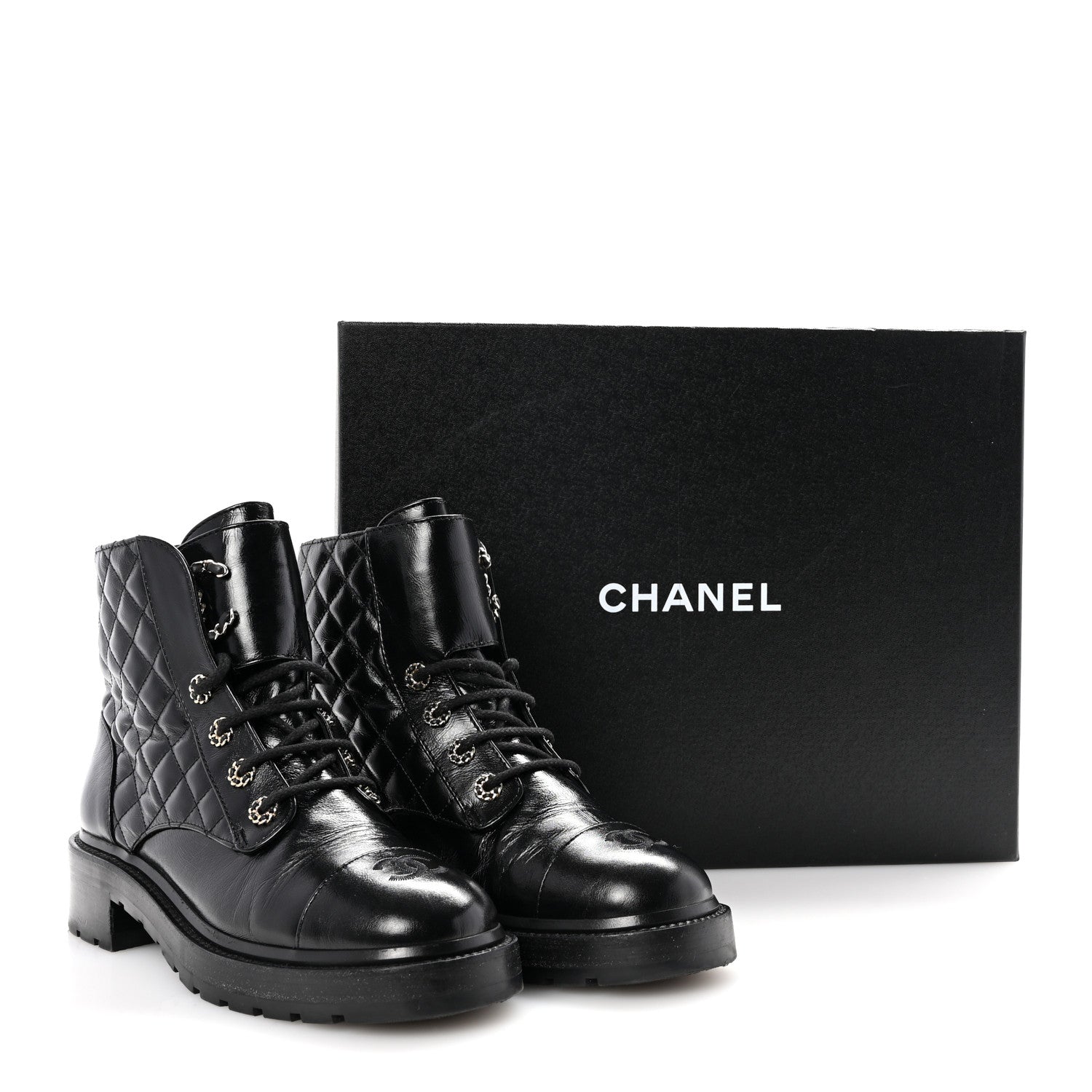 Chanel Shiny Calfskin Quilted Lace Up Combat Boots 40 Black 11 of 11