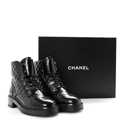 Chanel Shiny Calfskin Quilted Lace Up Combat Boots 40 Black 11 of 11