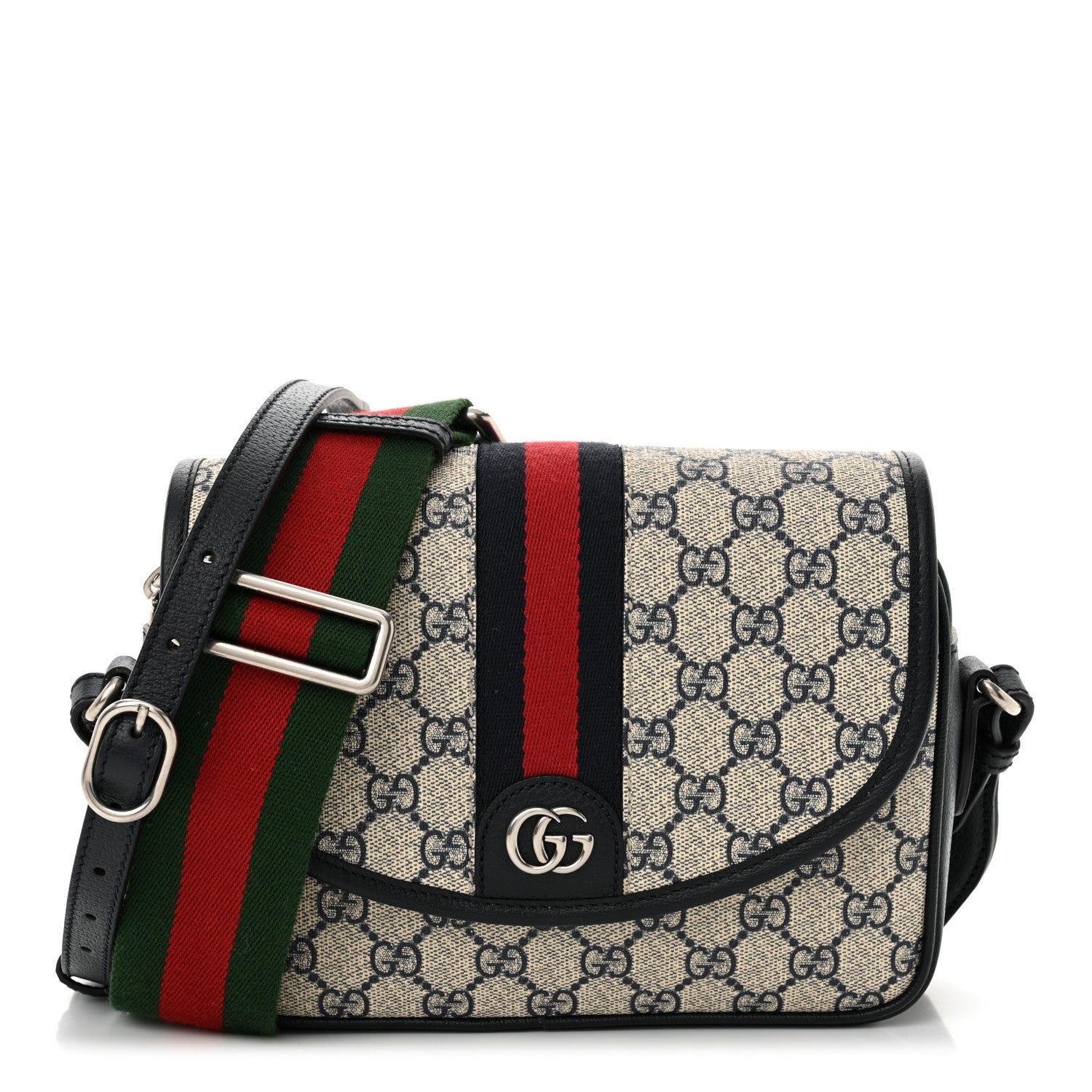 Gucci GG Supreme Monogram Textured Dollar Calfskin Web Studded Mini Ophidia Flap Shoulder Bag Beige Blue 1 of 10