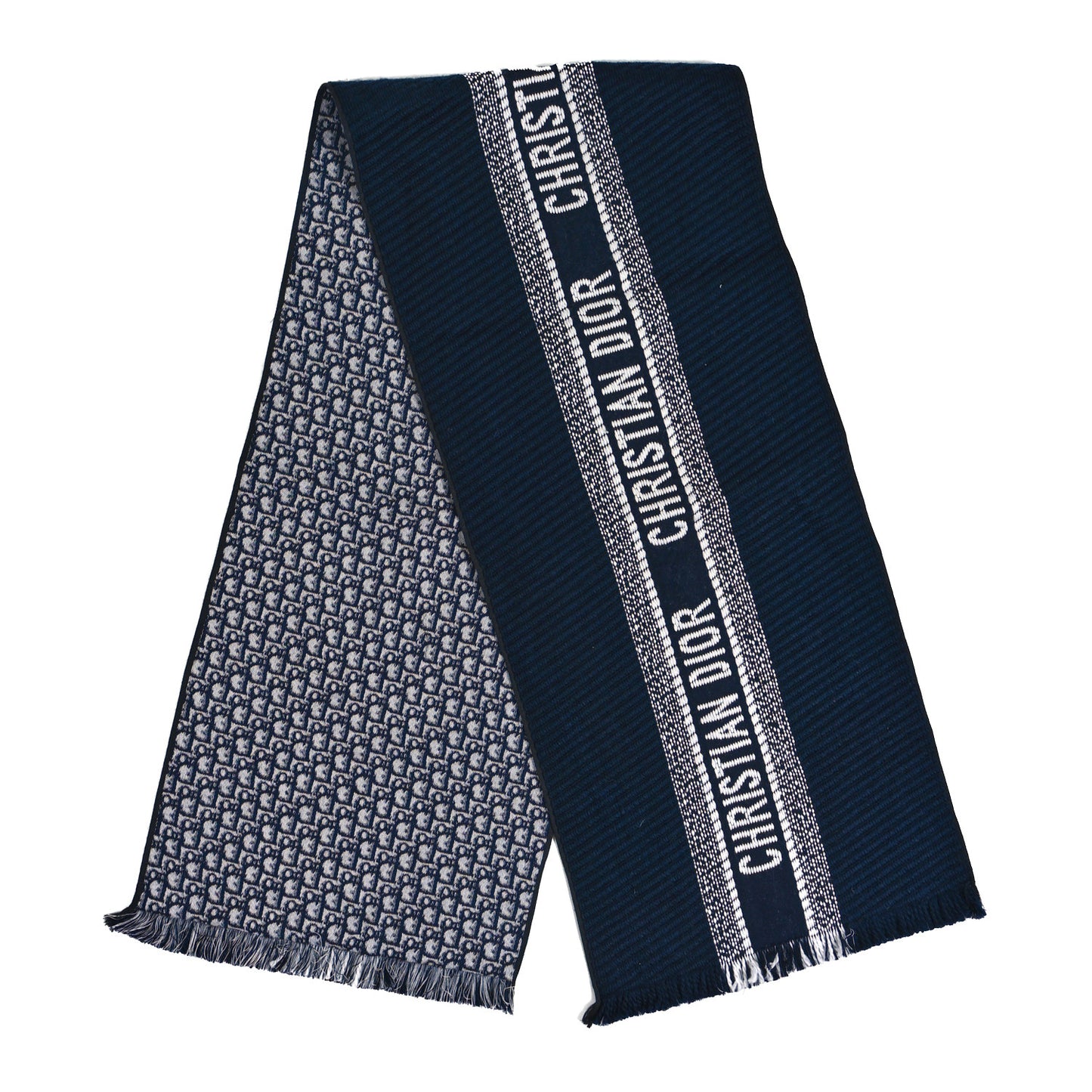 Wool Silk Oblique University Reversible Scarf Navy Blue