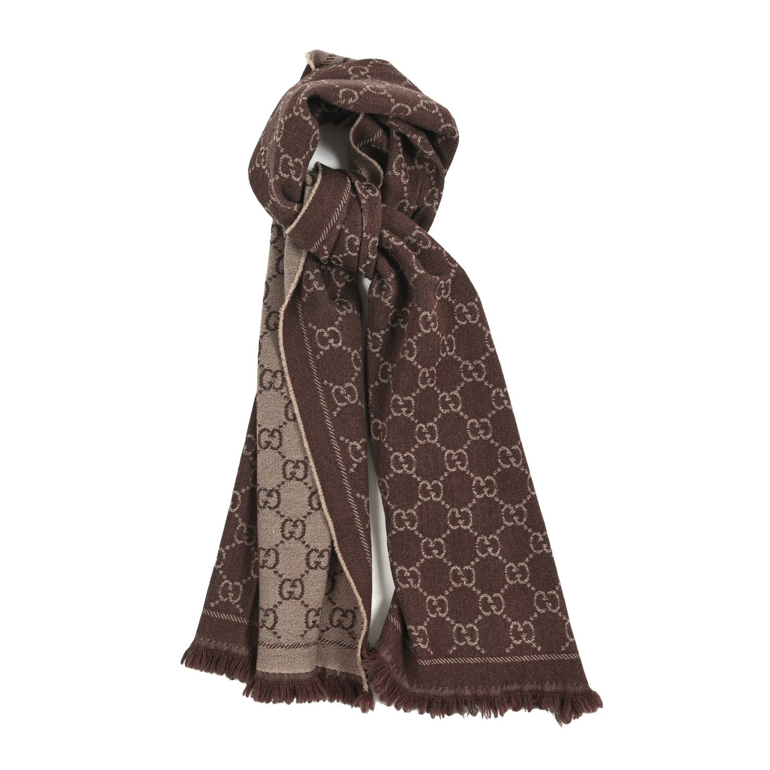 Gucci Wool Jacquard GG Monogram Sten Fringe Scarf Light Brown 1 of 4