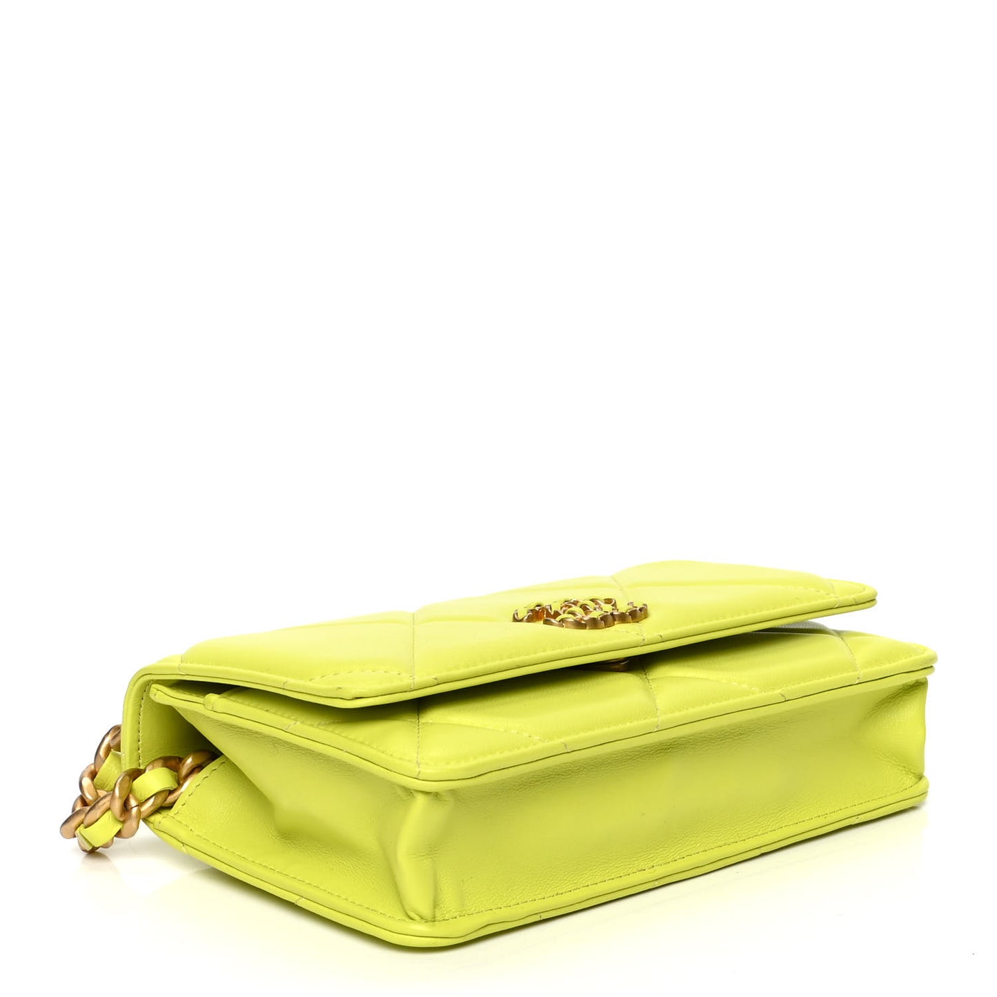 Shiny Lambskin Quilted Chanel 19 Wallet On Chain WOC Neon Yellow