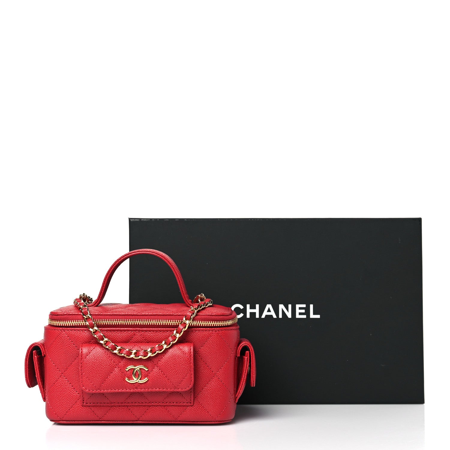 Chanel Caviar Quilted Polly Pocket East West Top Vanity With Chain Red 10 of 10