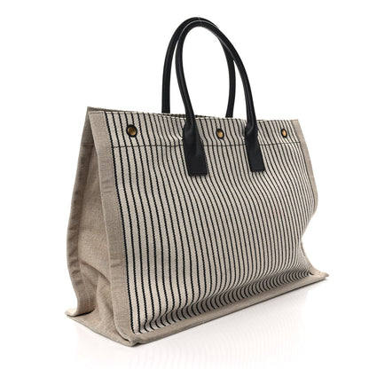 Saint Laurent Embroidered Cotton Linen Rive Gauche Noe Tote Natural Black 3 of 11