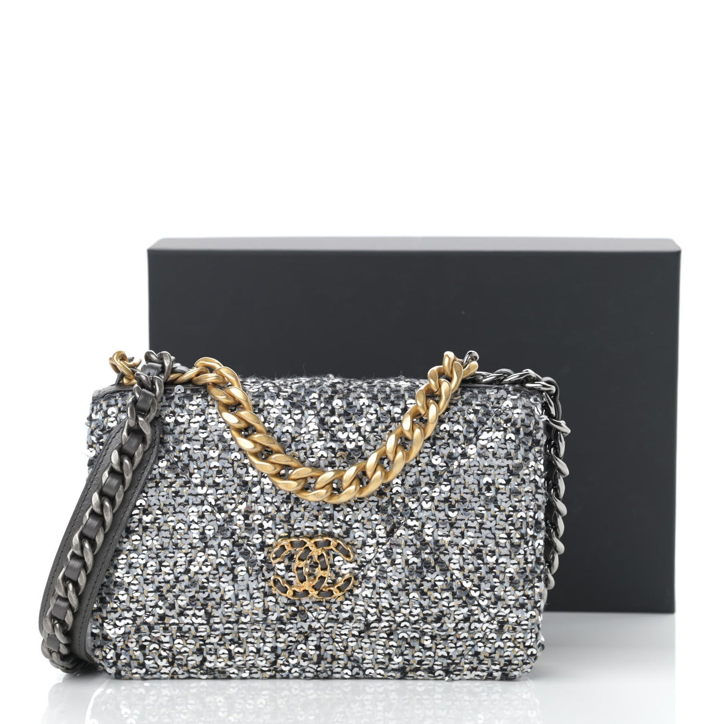 Sequin Quilted Chanel 19 Wallet On Chain WOC Silver