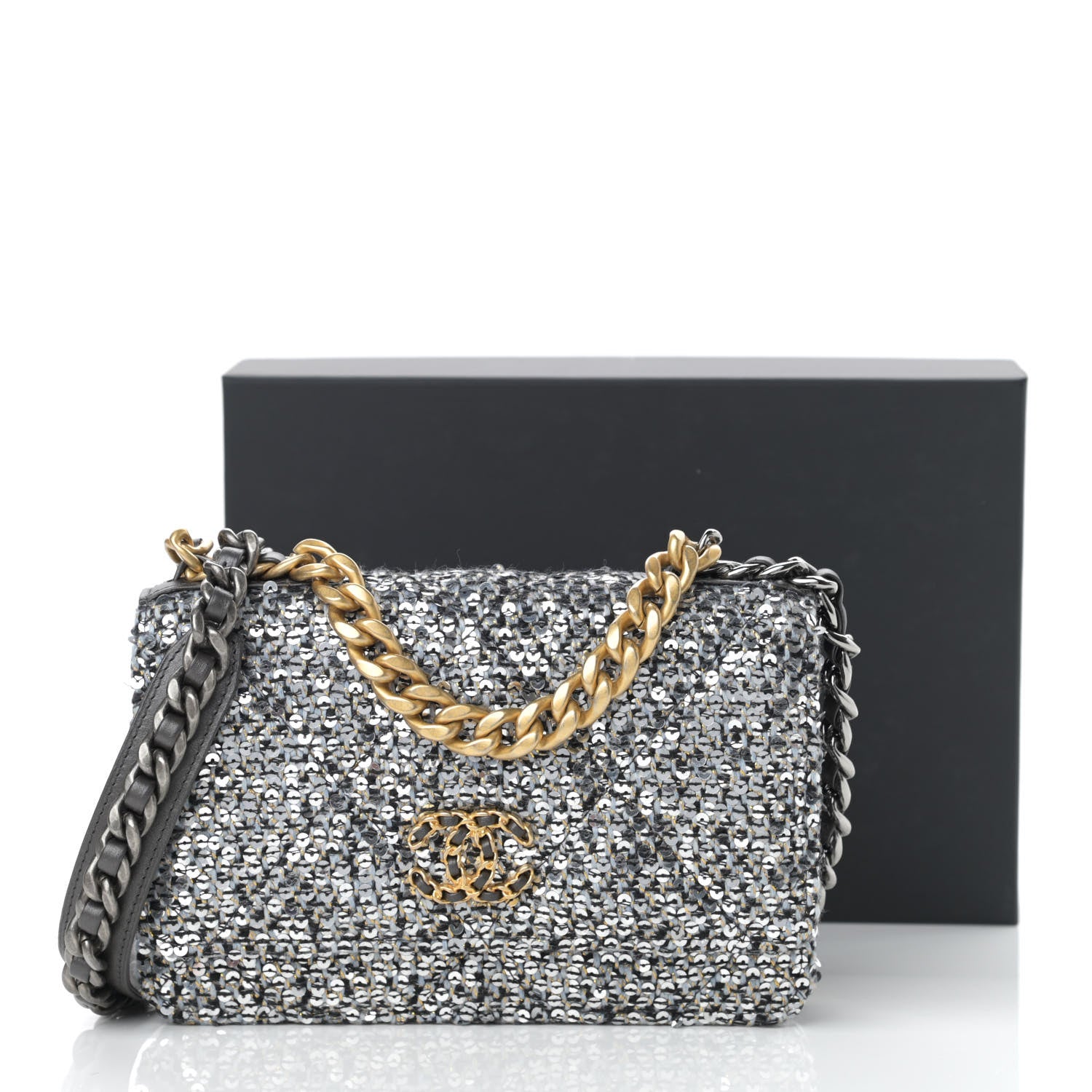 Chanel Sequin Quilted Chanel 19 Wallet On Chain WOC Silver 15 of 15