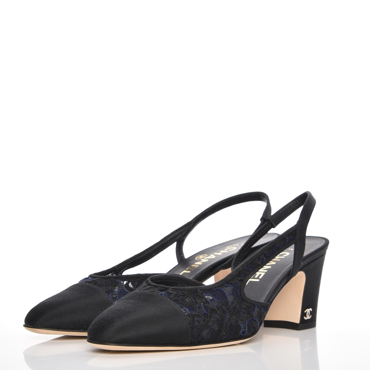 Chanel Lace Grosgrain Cap Toe CC Slingback Pumps 37 Navy Black 3 of 9