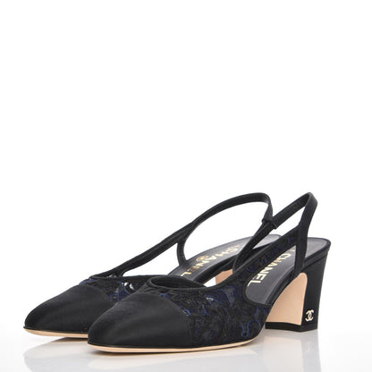Chanel Lace Grosgrain Cap Toe CC Slingback Pumps 37 Navy Black 3 of 9
