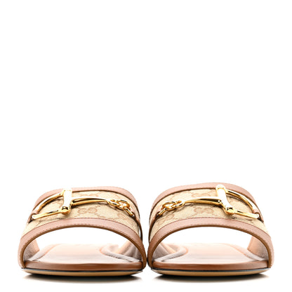 Gucci Calfskin Monogram Horsebit Womens Slide Sandals 39 Beige Ebony Sundial 3 of 10