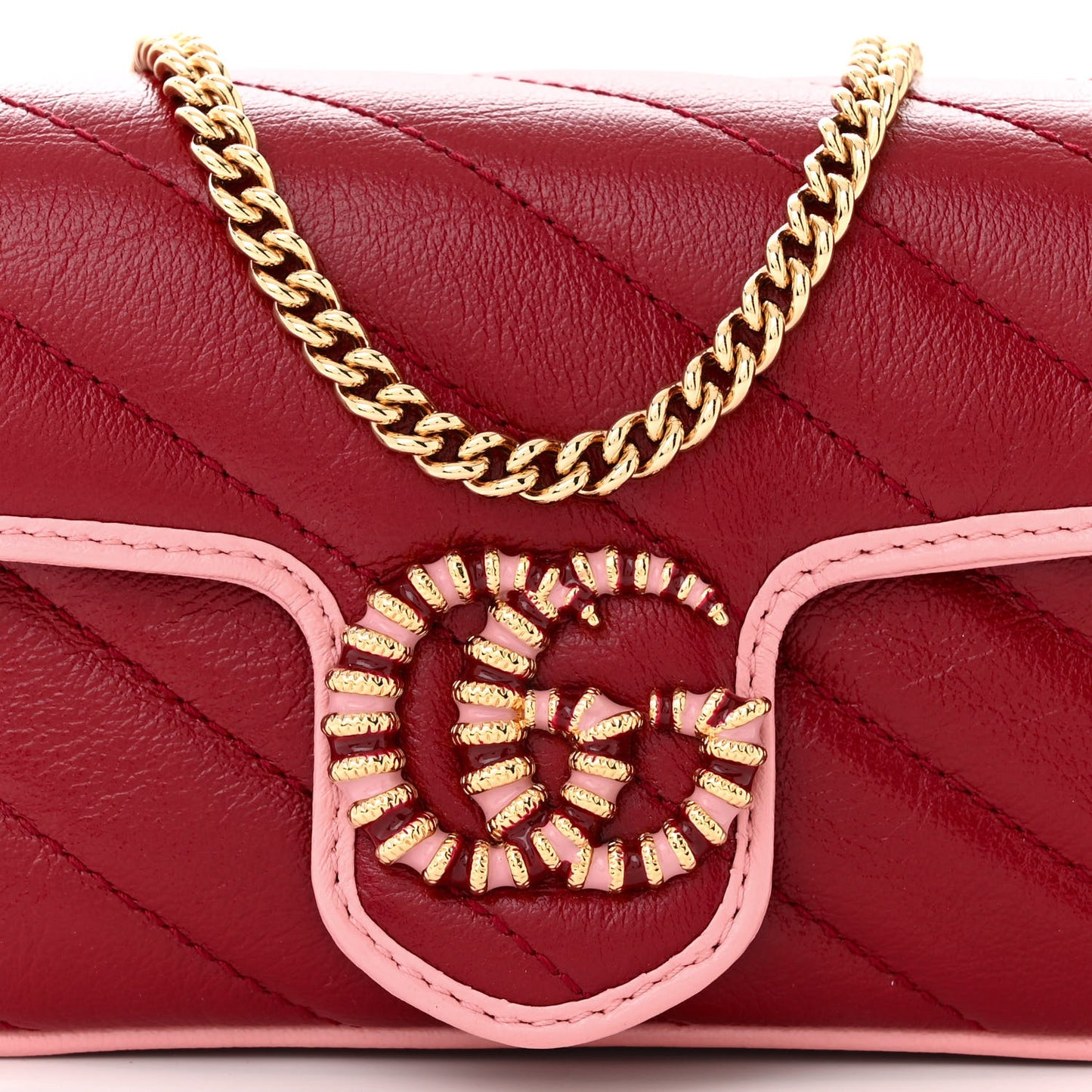 Azalea Calfskin Enamel Matelasse Diagonal Super Mini Torchon GG Marmont Shoulder Bag New Cherry Red Wild Rose