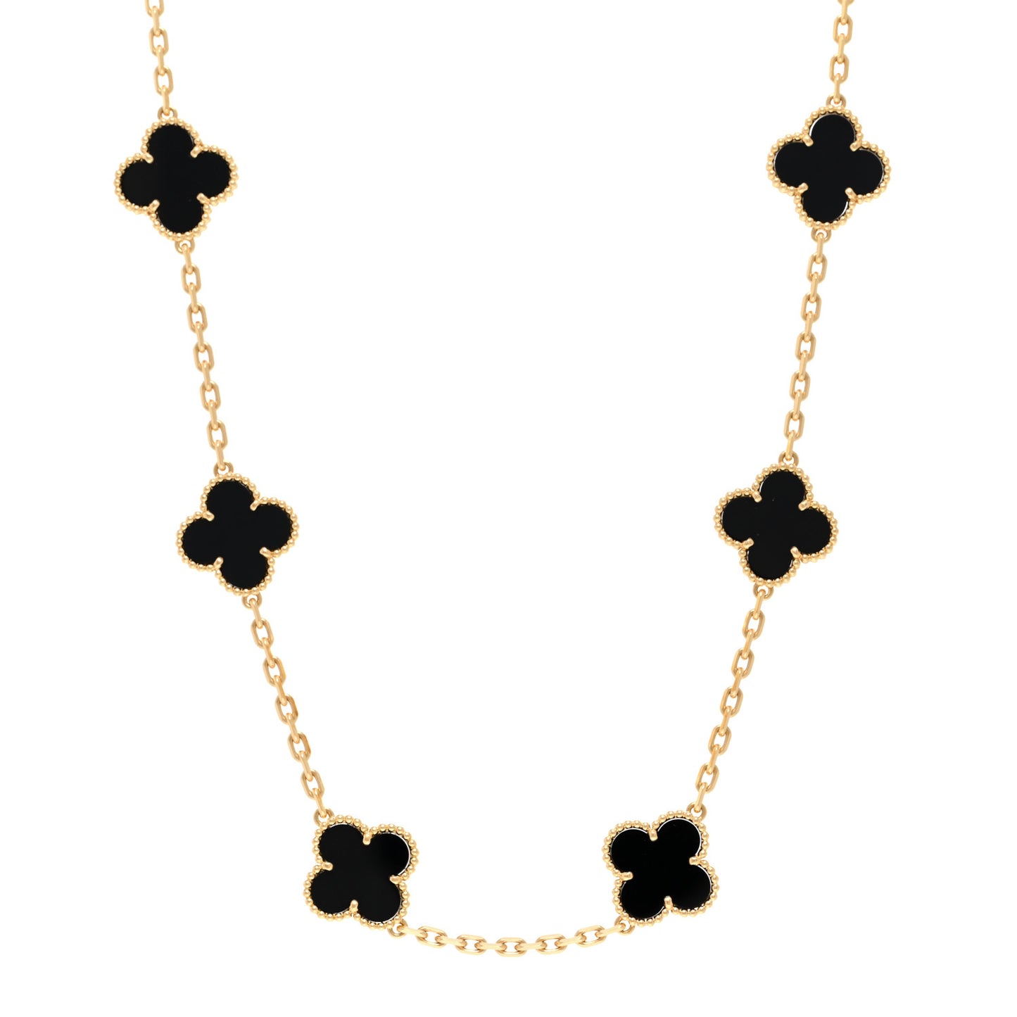 18K Yellow Gold Black Onyx 10 Motifs Vintage Alhambra Necklace