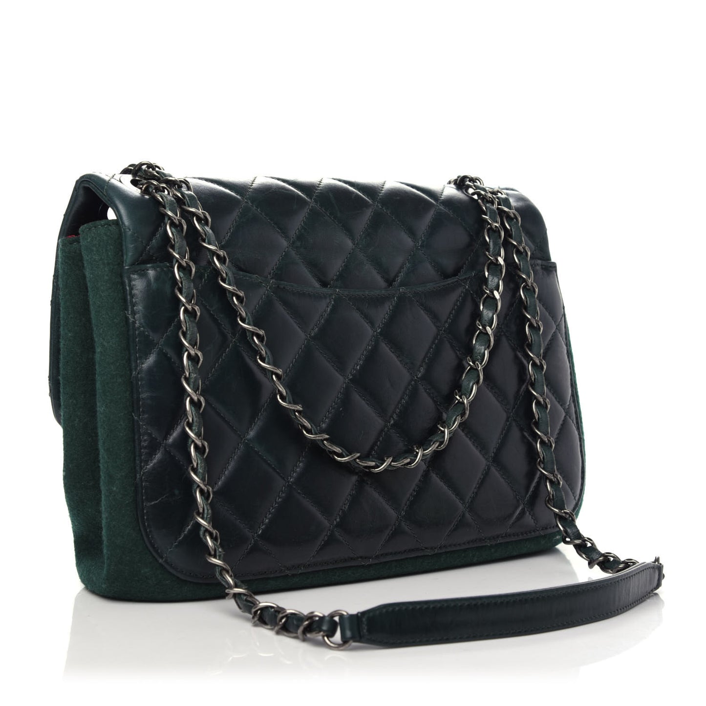 Felt Glazed Calfskin Quilted Edelweiss Flower Flap Dark Green