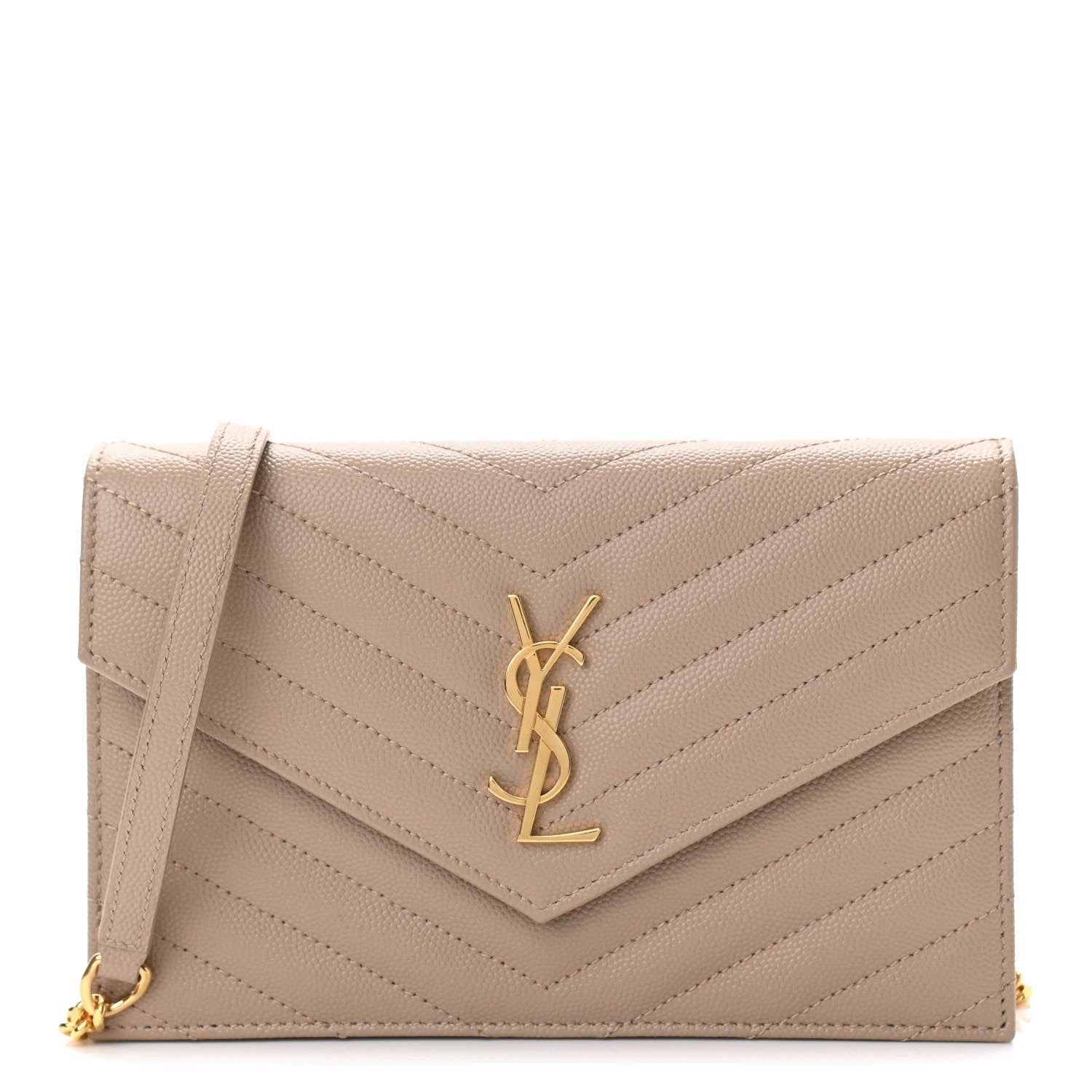 Saint Laurent Grain De Poudre Matelasse Chevron Monogram Envelope Chain Wallet Dark Latte 1 of 8