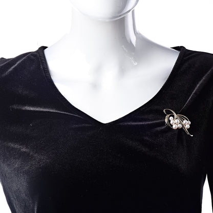 Mikimoto 14K Yellow Gold Akoya Pearl 5.5-7.5mm Leaf Pin Brooch 2 of 4