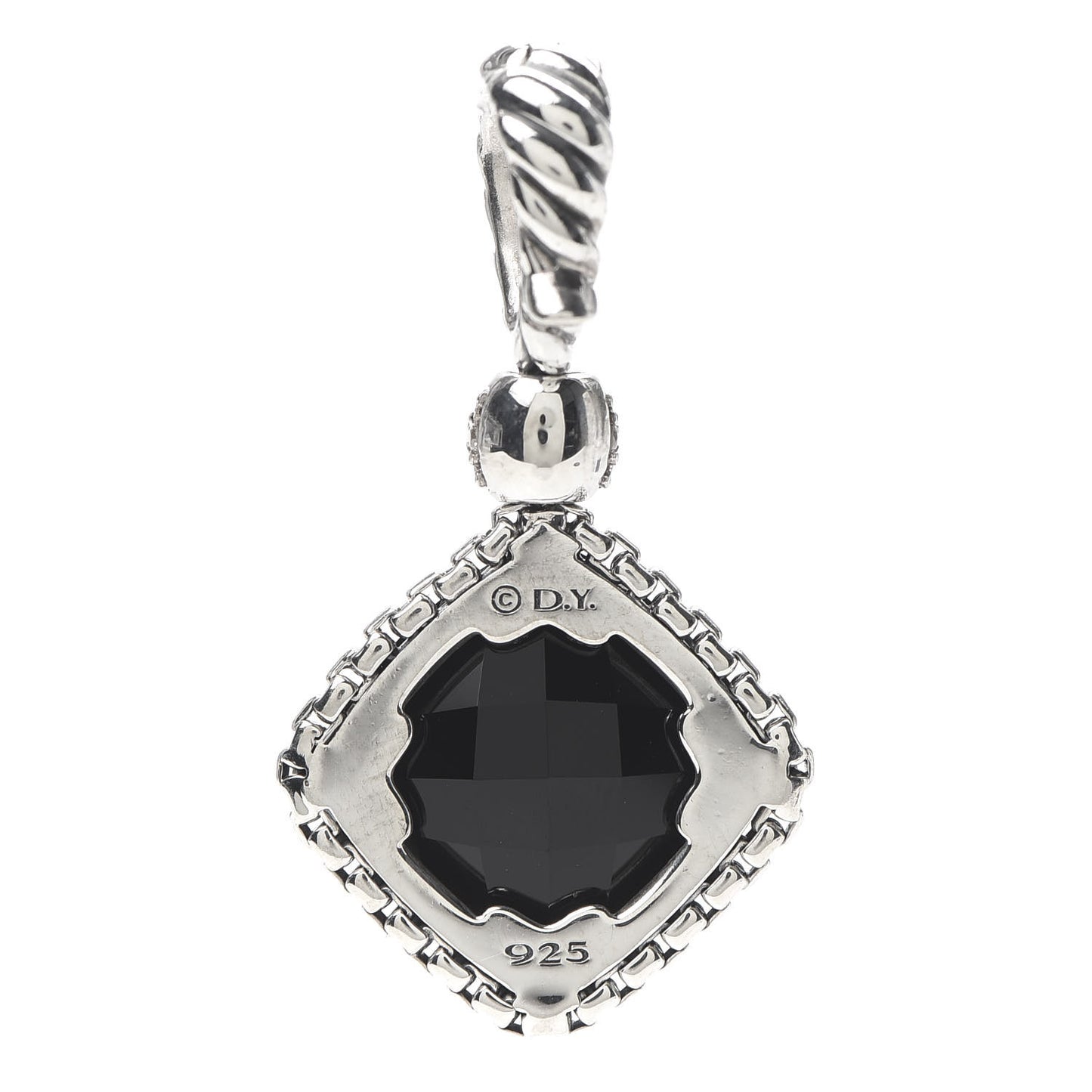 Sterling Silver Diamond Black Onyx 14mm Cushion On Point Pendant