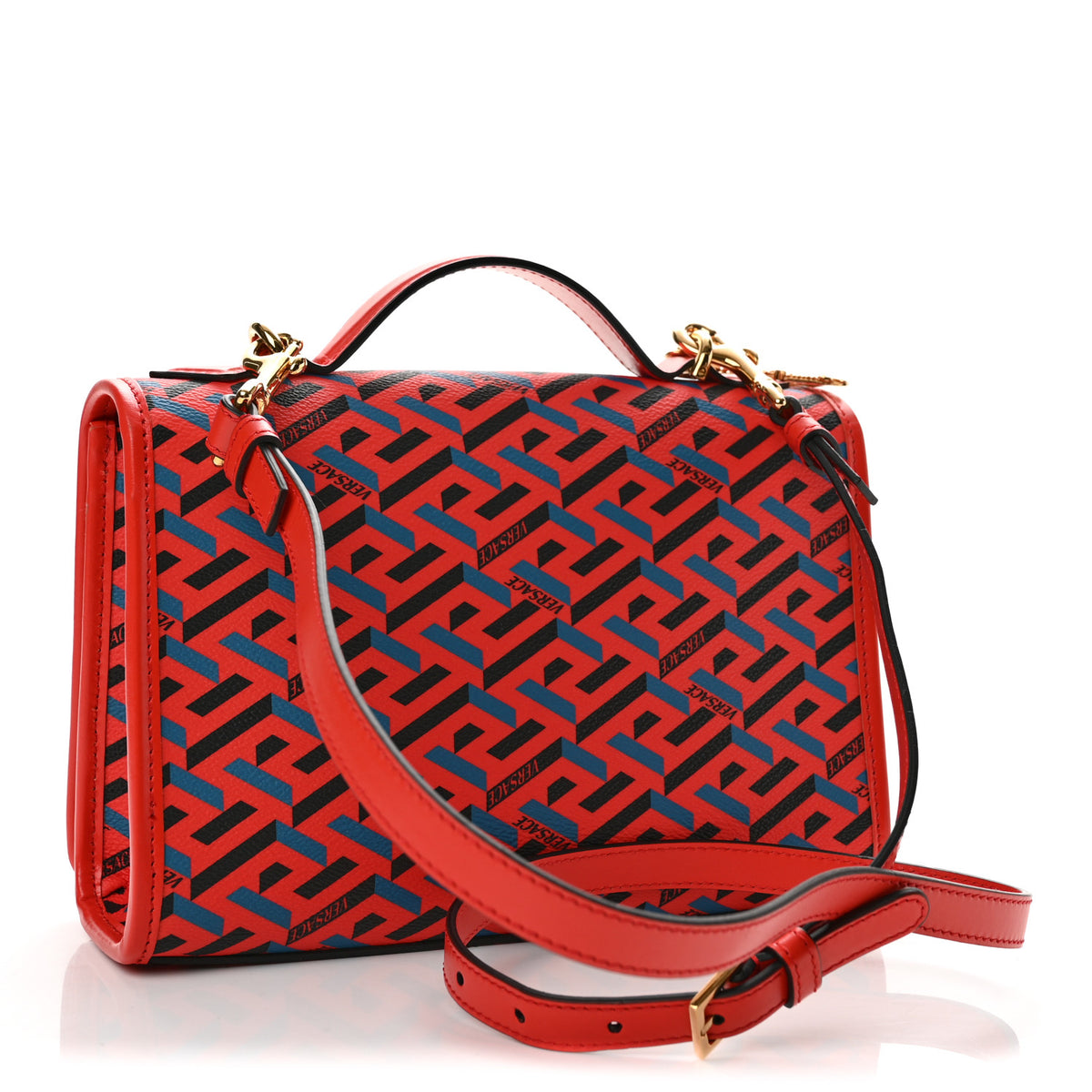 Coated Canvas La Greca Signature Top Handle Bag Blue Red