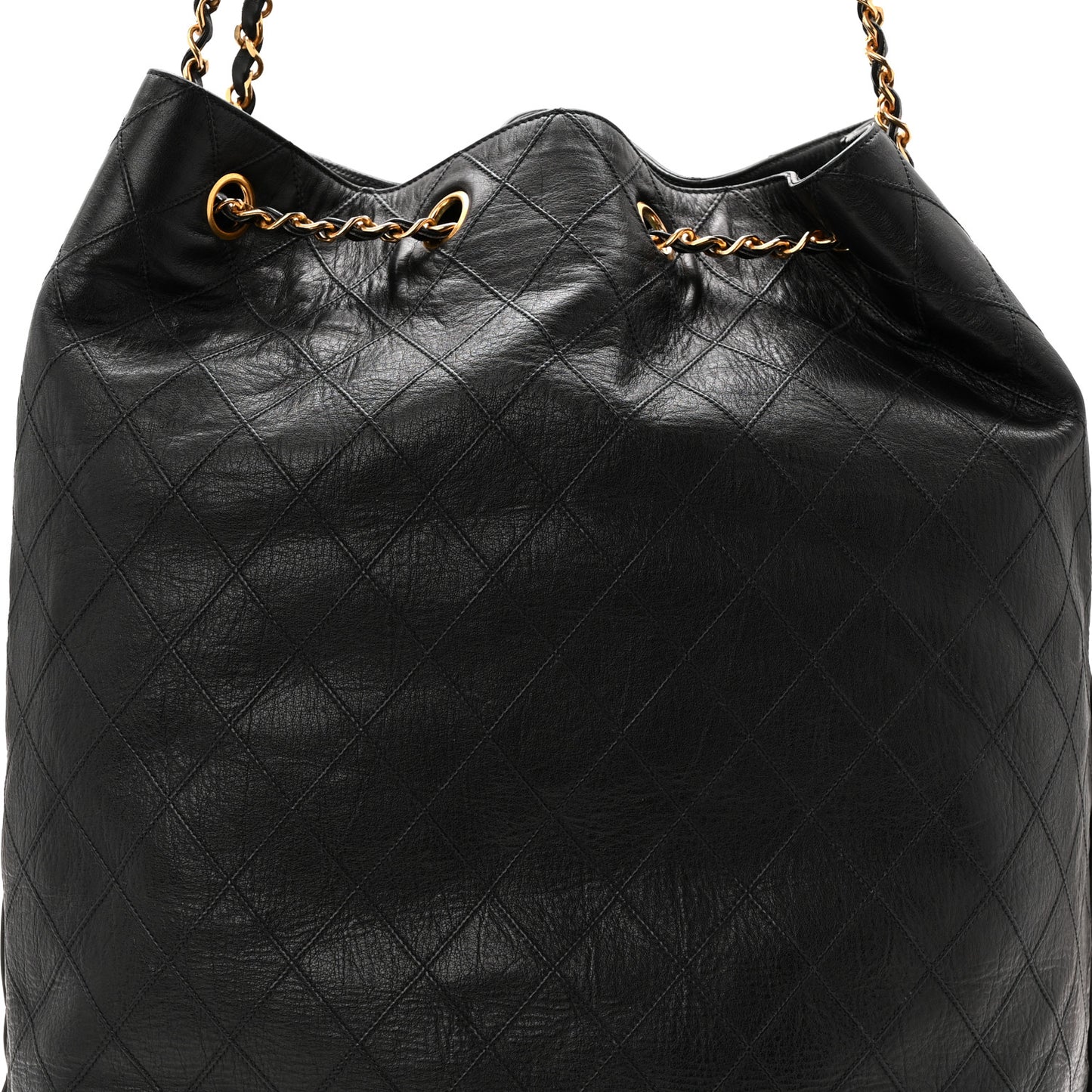 Grained Calfskin Quilted Drawstring Bucket Bag Black