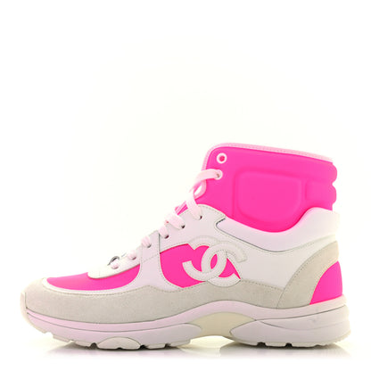 Chanel Suede Calfskin Lambskin Neoprene High Top CC Sneakers 40 White Fluo Pink 1 of 7
