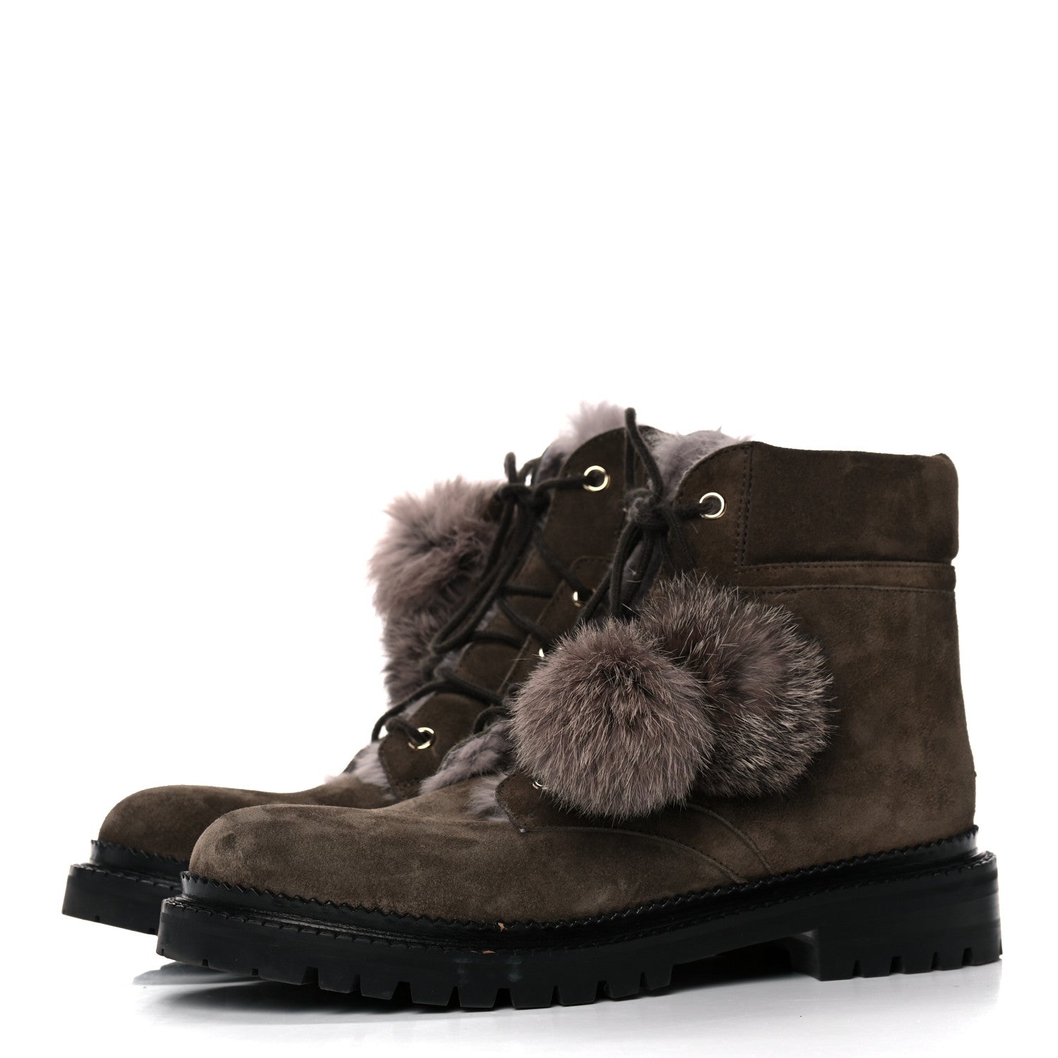 Jimmy Choo Suede Rabbit Fur Pom Pom Elba Flat Boots 37.5 Mink 3 of 10