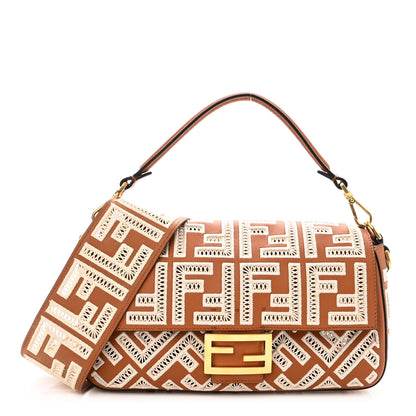 Fendi Vitello Seta FF Ajour Embroidered Baguette Brandy 1 of 8