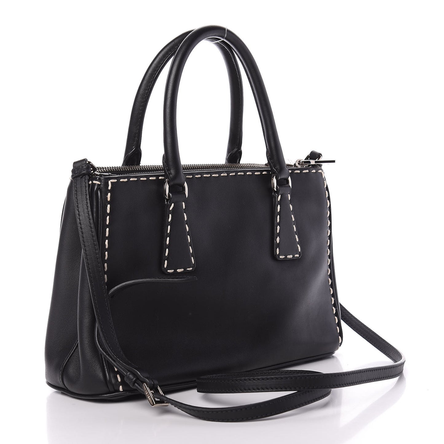 City Calf Mini Hand Stitched Galleria Double Zip Tote Black