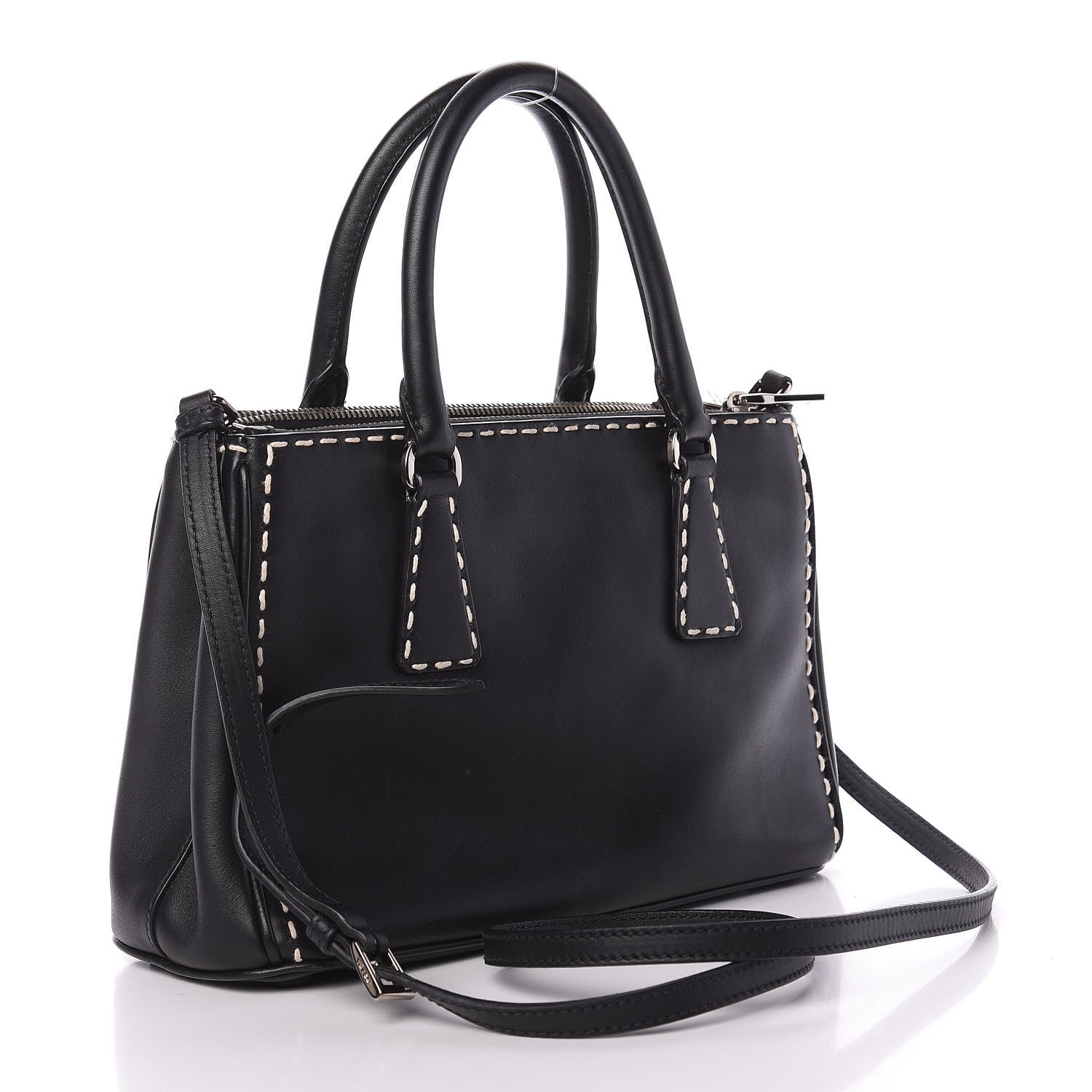 Prada City Calf Mini Hand Stitched Galleria Double Zip Tote Black 4 of 11