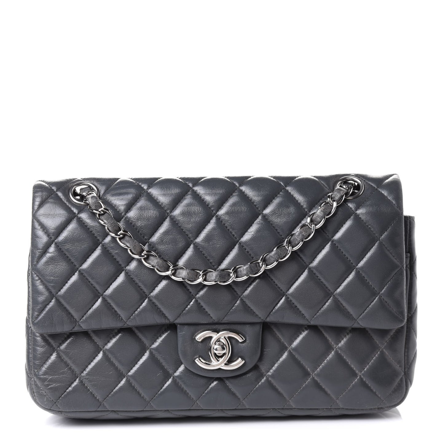 Lambskin Quilted Medium Double Flap Dark Grey