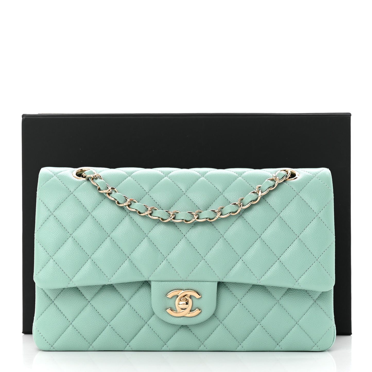 Caviar Quilted Medium Double Flap Light Blue