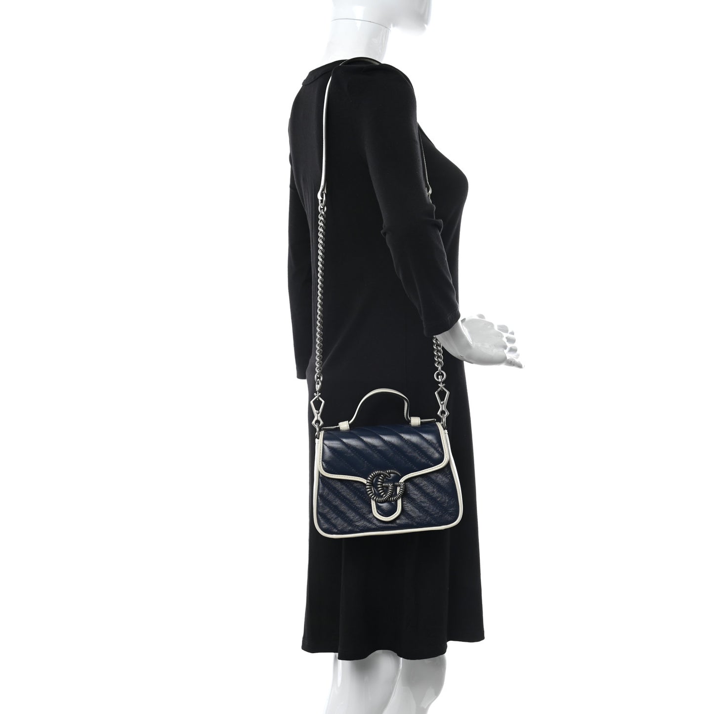 Vintage Effect Calfskin Matelasse Diagonal Mini Torchon GG Marmont Top Handle Shoulder Bag Blue Agata Mystic White