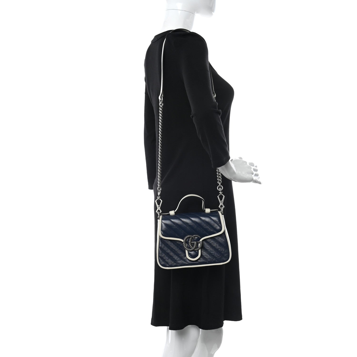 Gucci Vintage Effect Calfskin Matelasse Diagonal Mini Torchon GG Marmont Top Handle Shoulder Bag Blue Agata Mystic White 2 of 10
