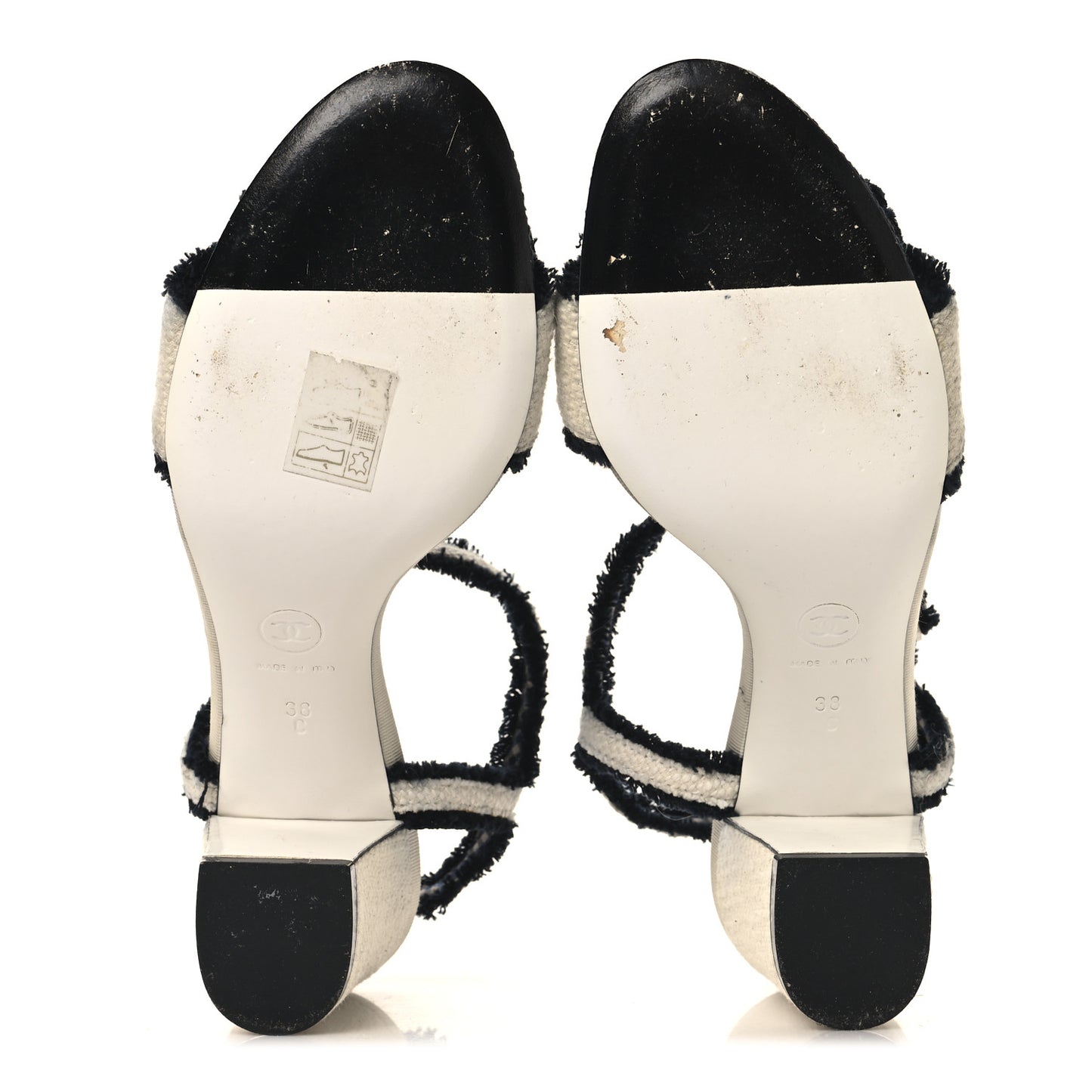 Tweed Camelia CC Block Heel Sandals 38 Ecru Black