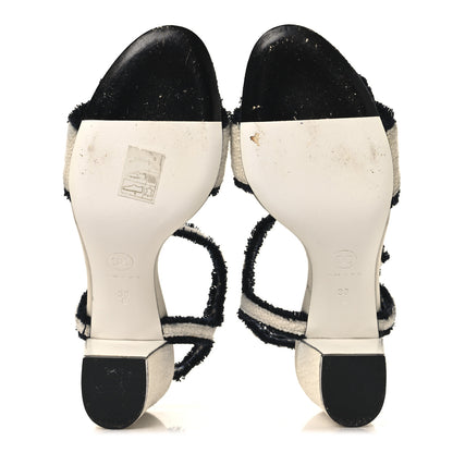 Chanel Tweed Camelia CC Block Heel Sandals 38 Ecru Black 6 of 9