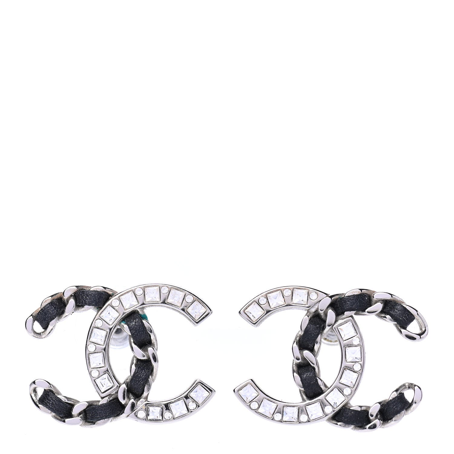 Chanel Crystal Baguette Lambskin Large CC Earrings Silver Black 1 of 4