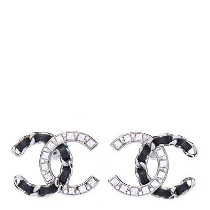 Chanel Crystal Baguette Lambskin Large CC Earrings Silver Black 1 of 4