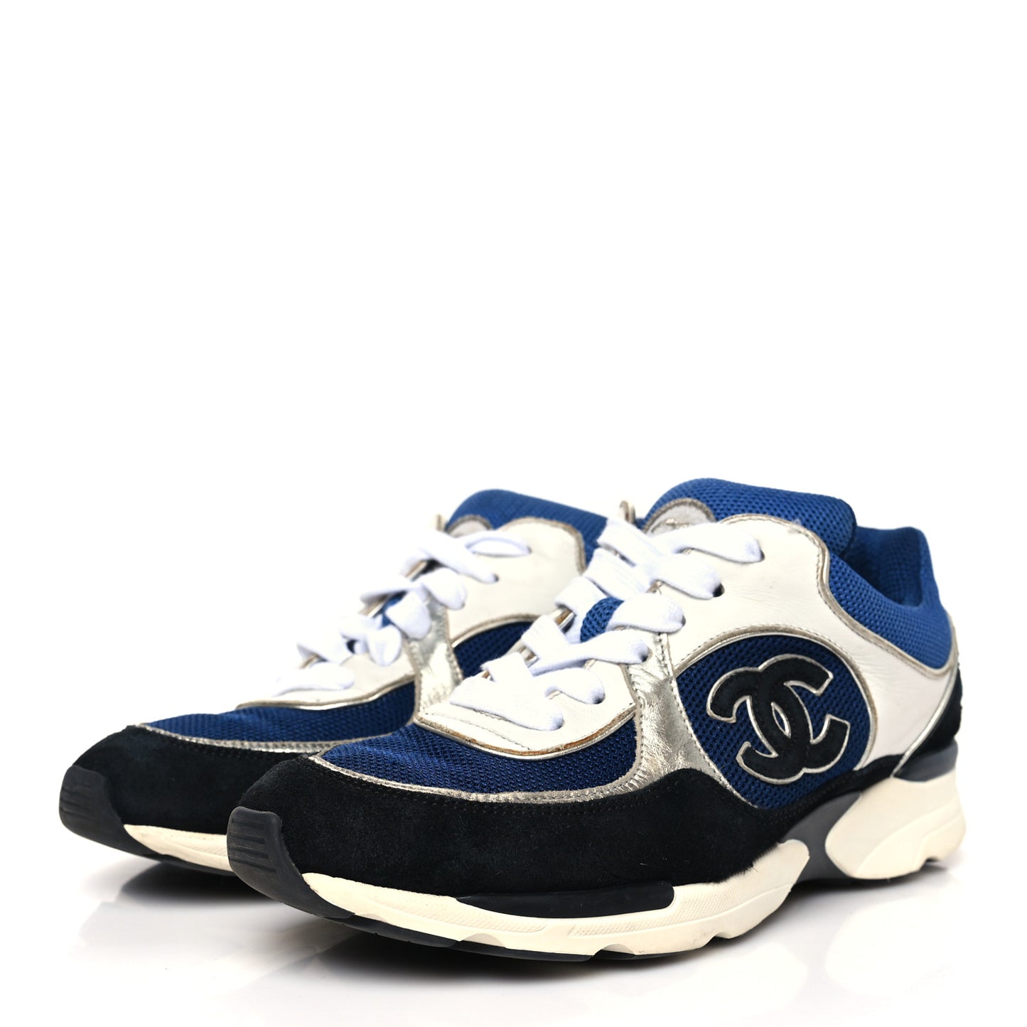 Mesh Suede Calfskin Womens CC Sneakers 38 Dark Blue Black White