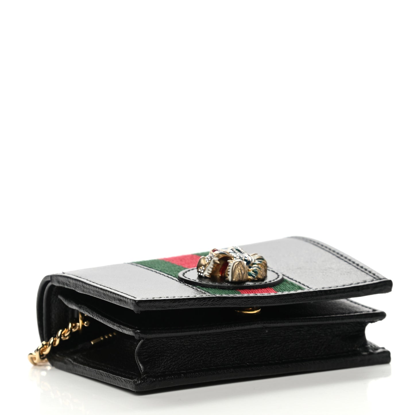 Calfskin Web Rajah Chain Card Case Wallet Black
