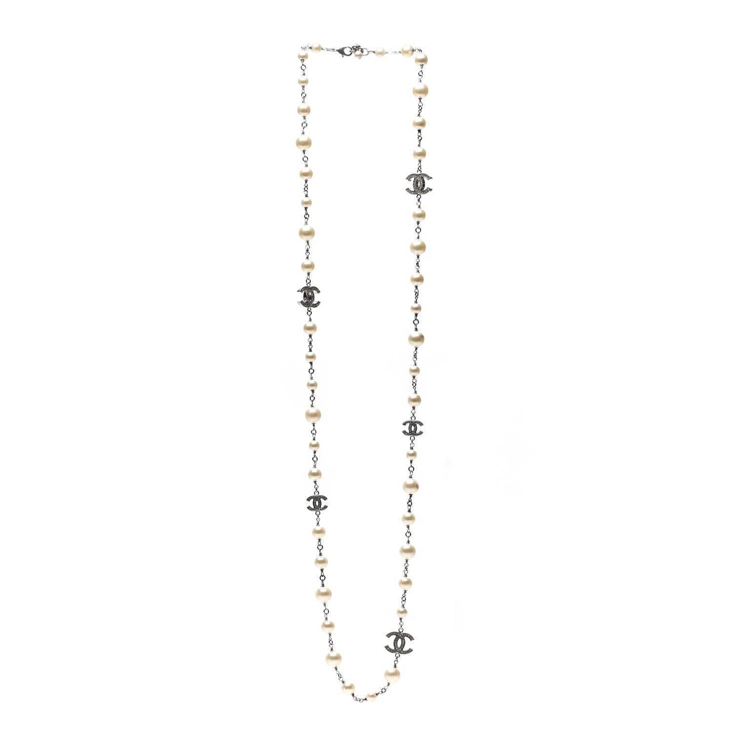 Chanel Graduated Pearl Crystal CC Long Necklace Silver 2 of 3