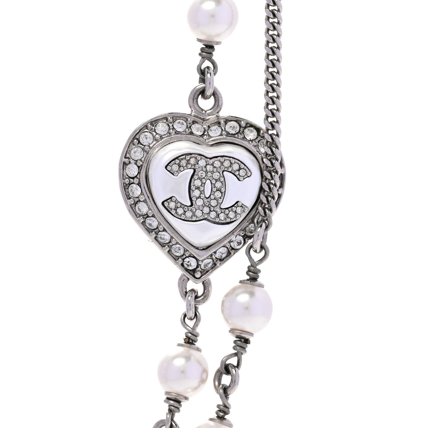 Pearl Crystal CC Heart Necklace Silver Pearly White