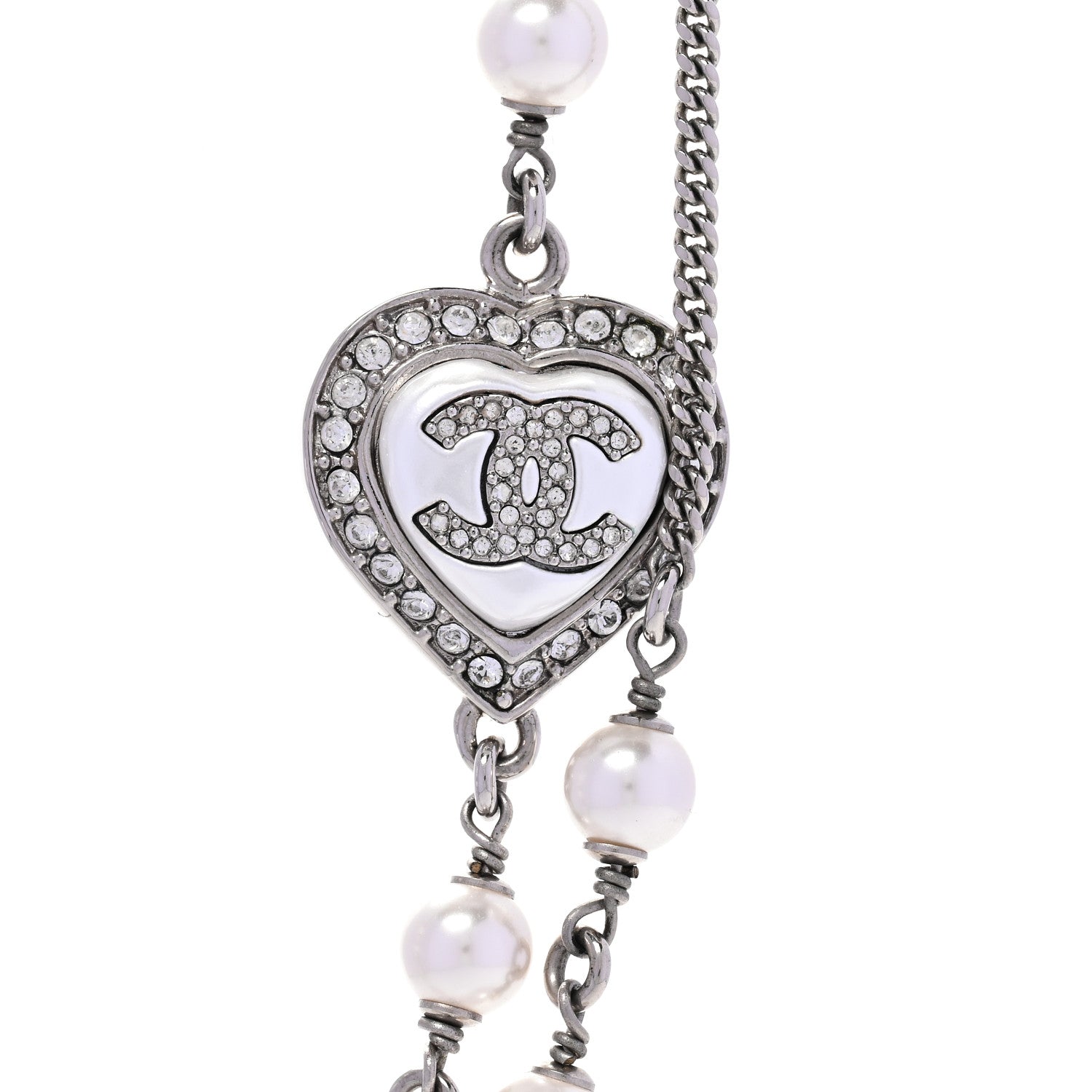 Chanel Pearl Crystal CC Heart Necklace Silver Pearly White 4 of 6