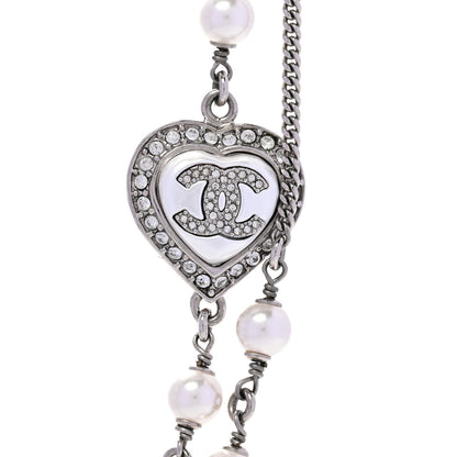 Chanel Pearl Crystal CC Heart Necklace Silver Pearly White 4 of 6