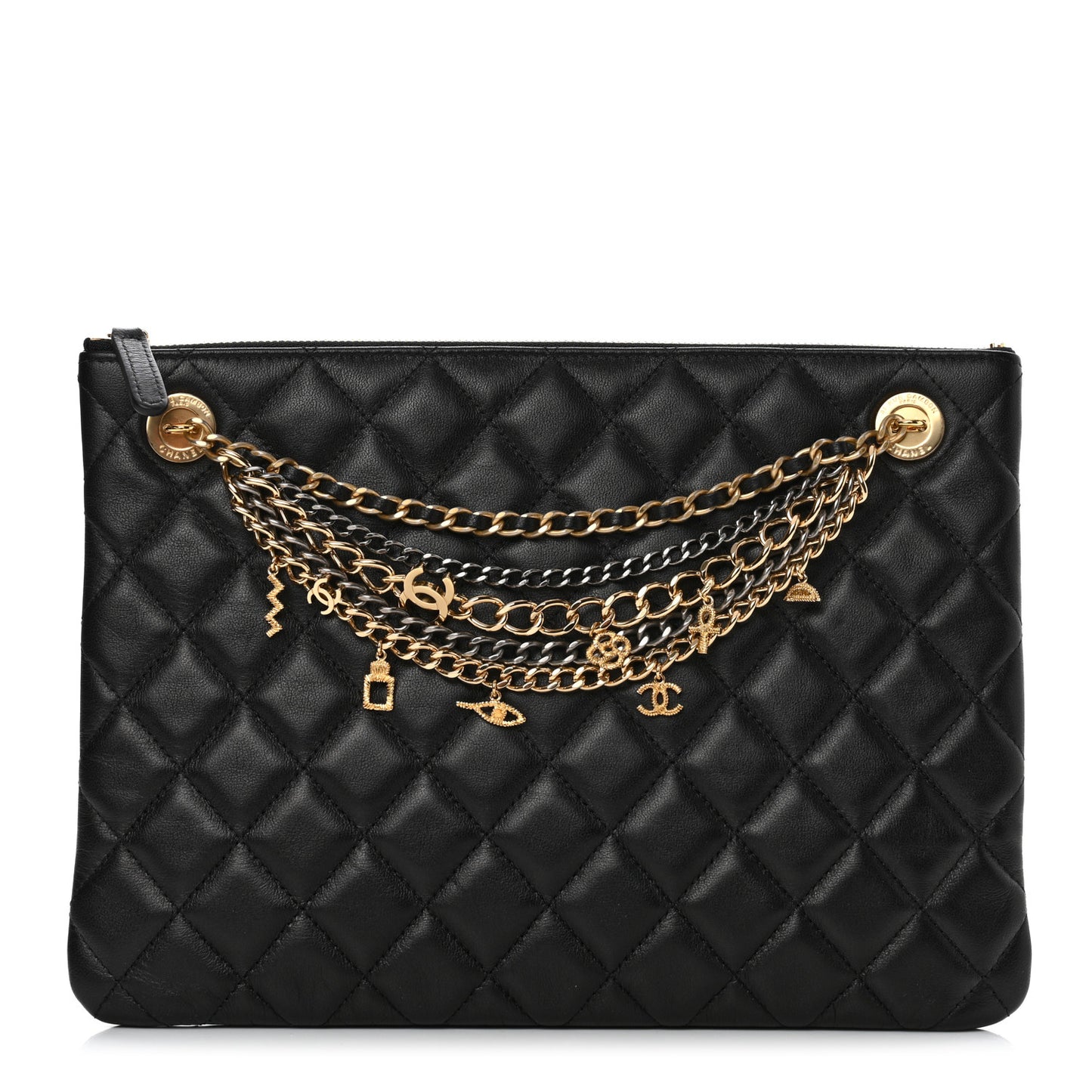 Lambskin Quilted Egyptian Amulet Zipped Pouch Black