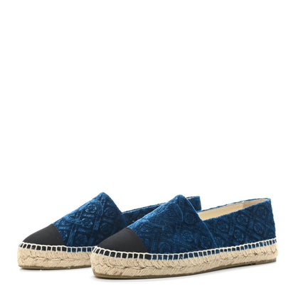 Chanel Velvet Grosgrain Quilted Camellia CC Espadrilles 38 Navy Black 3 of 9